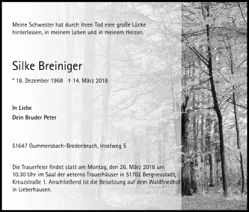 Anzeige von Silke Breiniger von Kölner Stadt-Anzeiger / Kölnische Rundschau / Express