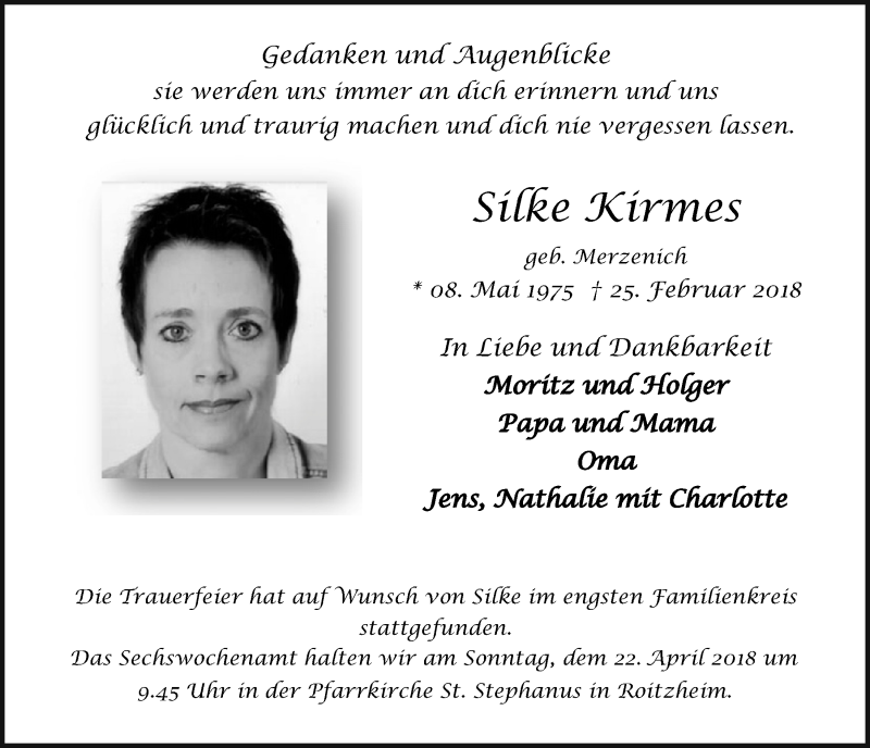  Traueranzeige für Silke Kirmes vom 17.03.2018 aus  Blickpunkt Euskirchen 