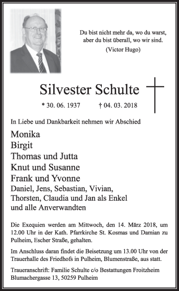 Anzeige von Silvester Schulte von  Sonntags-Post 