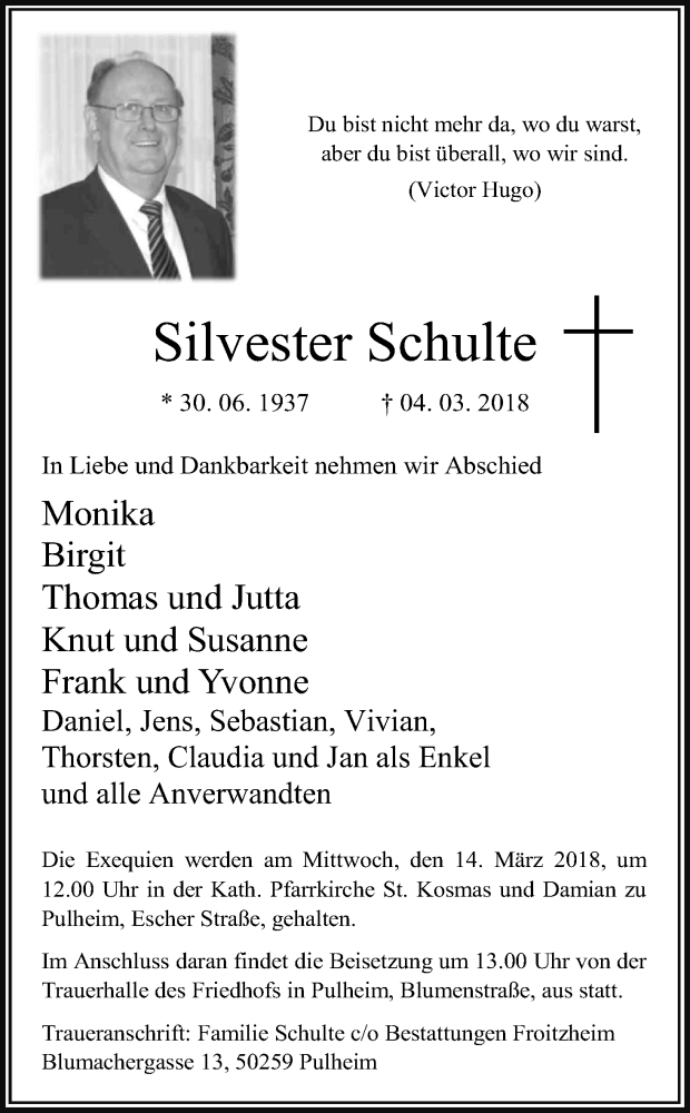  Traueranzeige für Silvester Schulte vom 10.03.2018 aus Kölner Stadt-Anzeiger / Kölnische Rundschau / Express