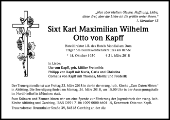 Anzeige von Sixt Karl Maximilian Otto von Kapff von Kölner Stadt-Anzeiger / Kölnische Rundschau / Express