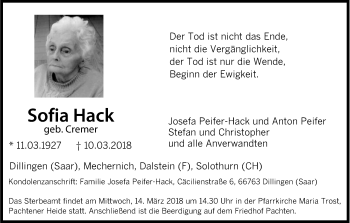 Anzeige von Sofia Hack von Kölner Stadt-Anzeiger / Kölnische Rundschau / Express