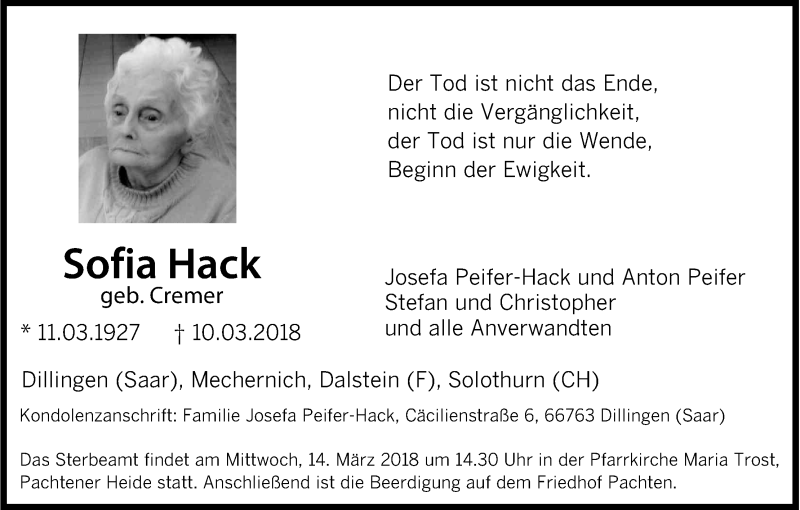  Traueranzeige für Sofia Hack vom 13.03.2018 aus Kölner Stadt-Anzeiger / Kölnische Rundschau / Express