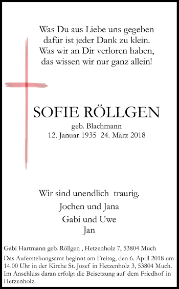 Anzeige von Sofie Röllgen von Kölner Stadt-Anzeiger / Kölnische Rundschau / Express