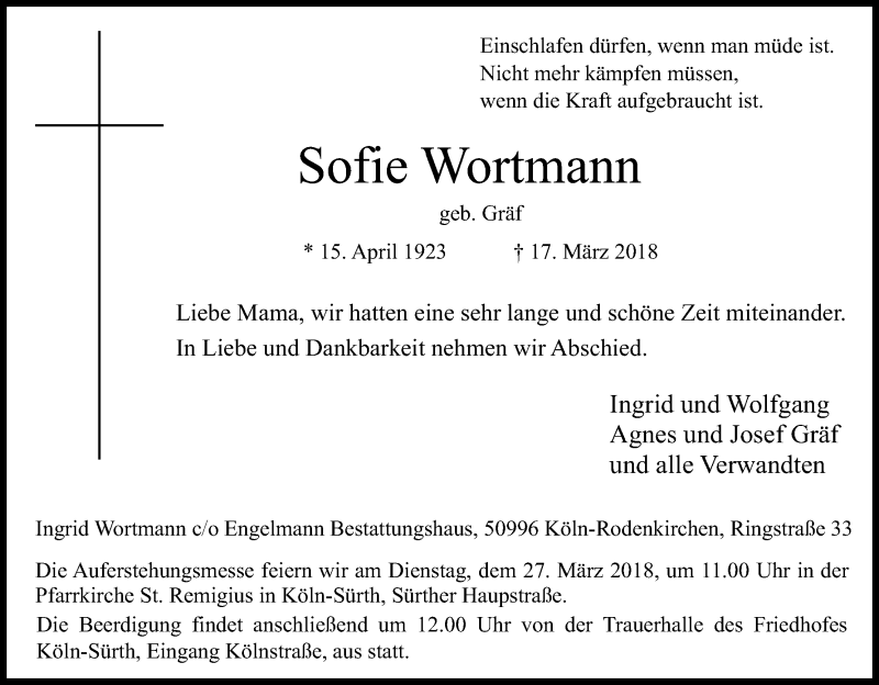  Traueranzeige für Sofie Wortmann vom 24.03.2018 aus Kölner Stadt-Anzeiger / Kölnische Rundschau / Express