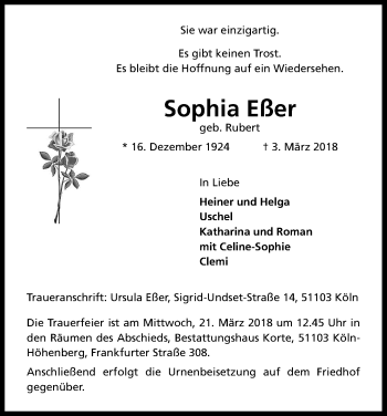 Anzeige von Sophia Eßer von Kölner Stadt-Anzeiger / Kölnische Rundschau / Express