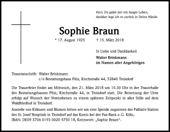 Anzeige von Sophie Braun von Kölner Stadt-Anzeiger / Kölnische Rundschau / Express
