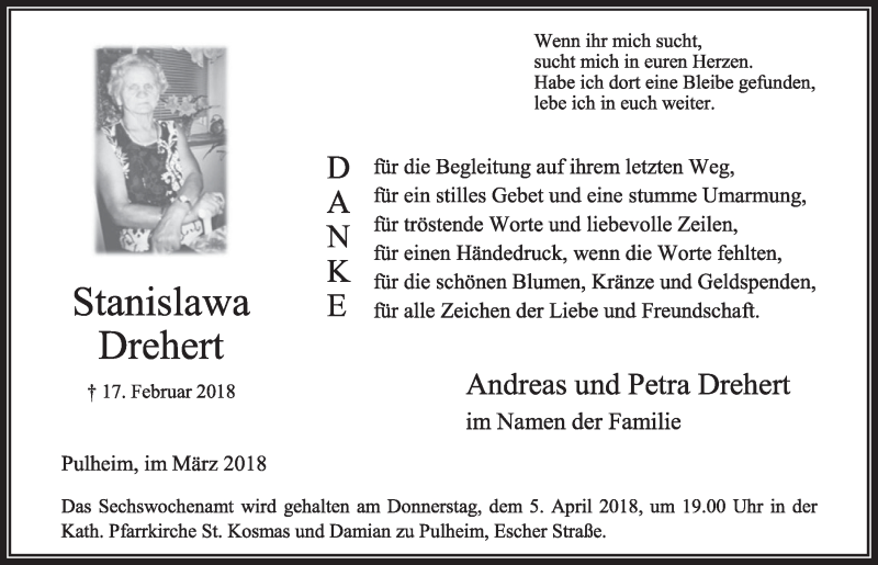 Traueranzeige für Stanislawa Drehert vom 17.03.2018 aus  Sonntags-Post 