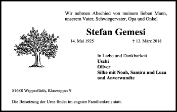 Anzeige von Stefan Gemesi von Kölner Stadt-Anzeiger / Kölnische Rundschau / Express