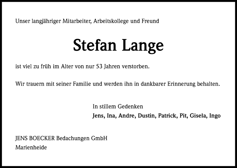  Traueranzeige für Stefan Lange vom 02.03.2018 aus Kölner Stadt-Anzeiger / Kölnische Rundschau / Express