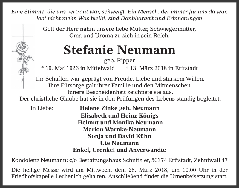  Traueranzeige für Stefanie Neumann vom 21.03.2018 aus  Werbepost 