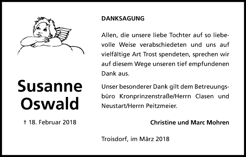  Traueranzeige für Susanne Oswald vom 17.03.2018 aus Kölner Stadt-Anzeiger / Kölnische Rundschau / Express