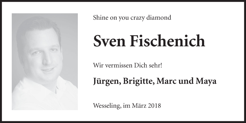  Traueranzeige für Sven Fischenich vom 21.03.2018 aus  Schlossbote/Werbekurier 