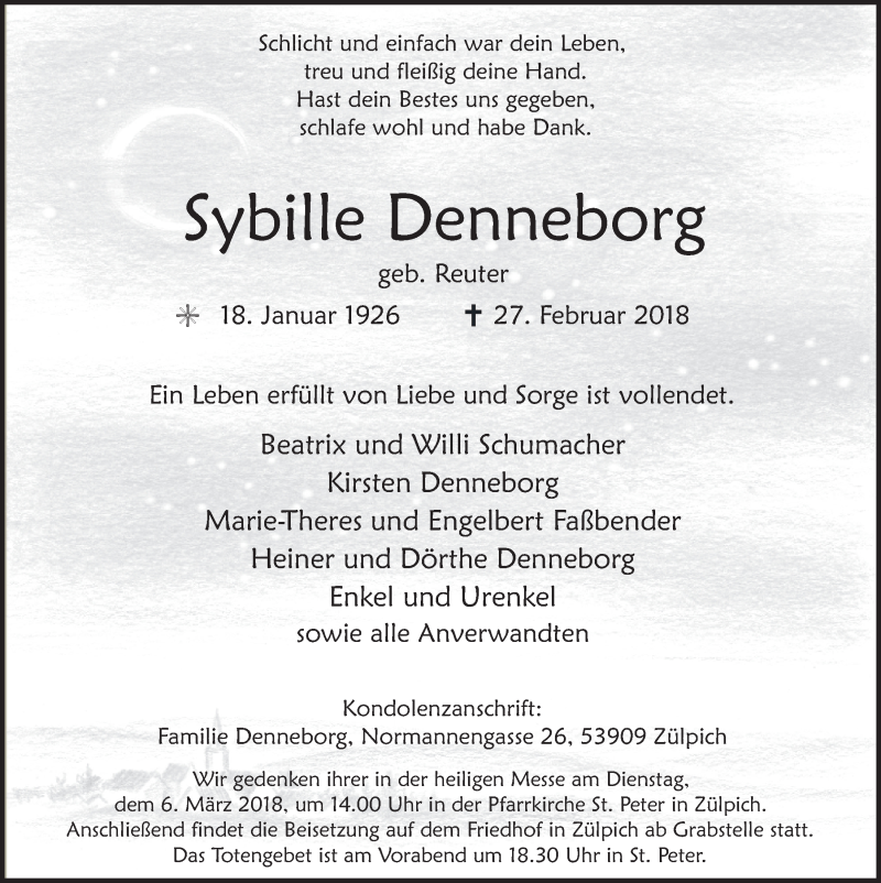  Traueranzeige für Sybille Denneborg vom 03.03.2018 aus  Blickpunkt Euskirchen 