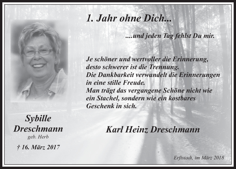  Traueranzeige für Sybille Dreschmann vom 14.03.2018 aus  Werbepost 
