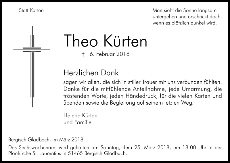  Traueranzeige für Theo Kürten vom 17.03.2018 aus Kölner Stadt-Anzeiger / Kölnische Rundschau / Express