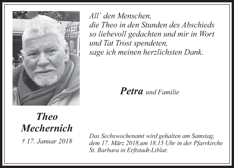  Traueranzeige für Theo Mechernich vom 14.03.2018 aus  Werbepost 