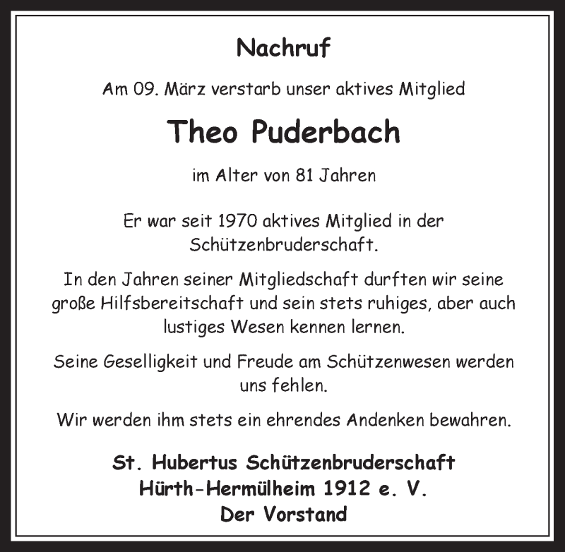  Traueranzeige für Theo Puderbach vom 21.03.2018 aus  Wochenende 