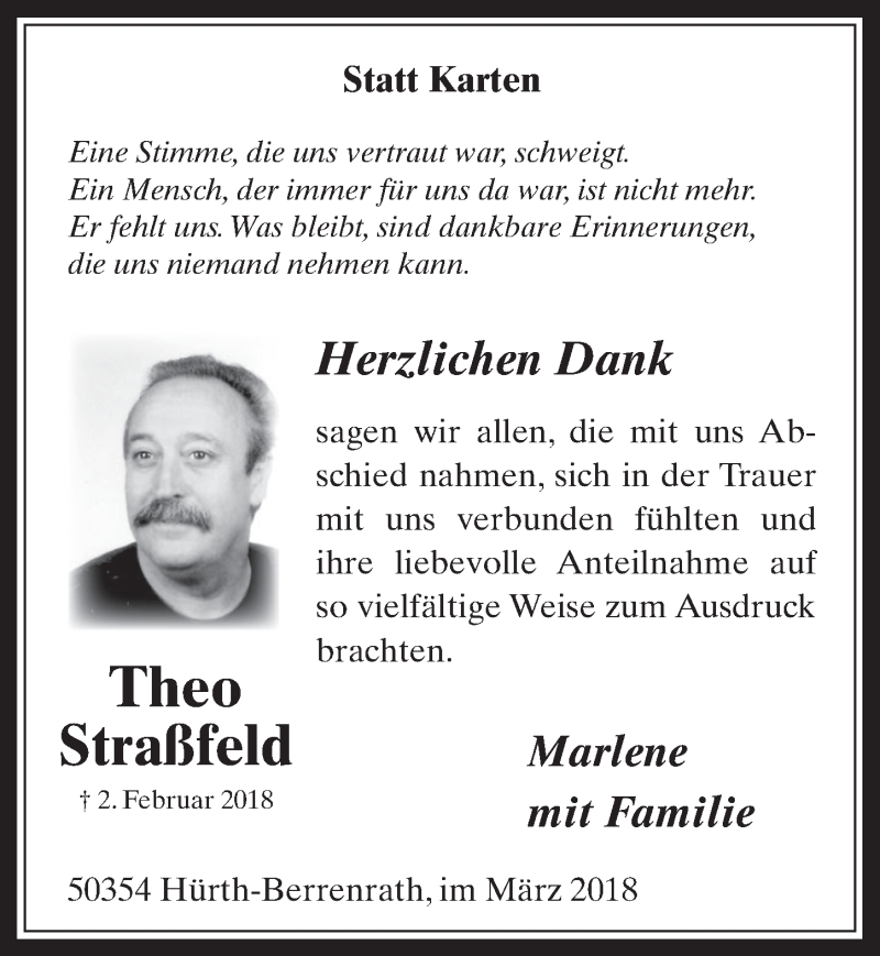  Traueranzeige für Theo Straßfeld vom 14.03.2018 aus  Wochenende  Werbepost 