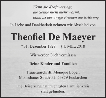 Anzeige von Theofiel  De Maeyer von  Blickpunkt Euskirchen 