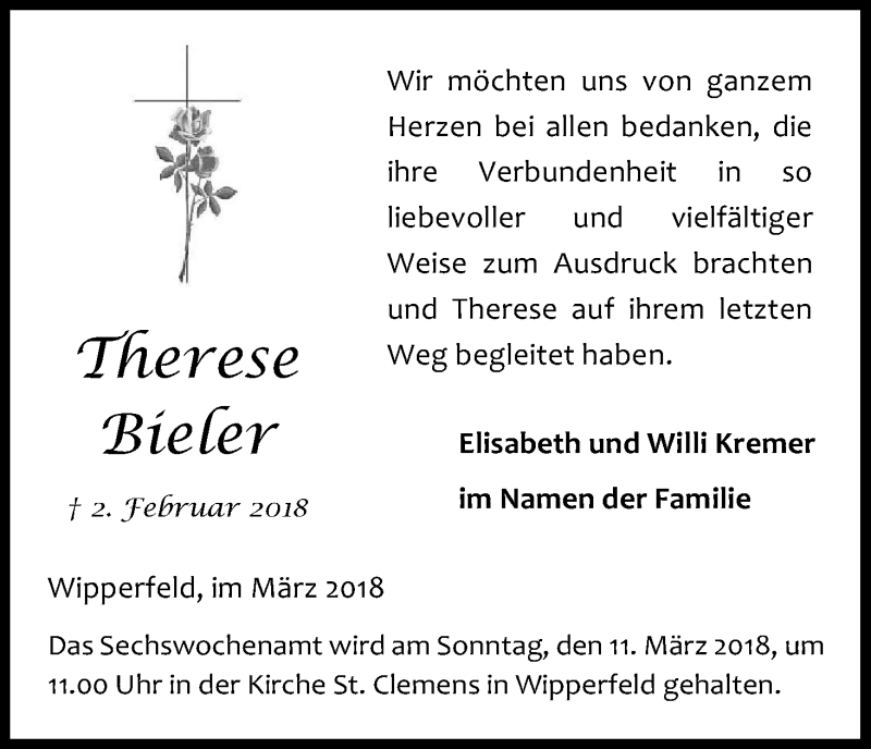  Traueranzeige für Therese Bieler vom 03.03.2018 aus Kölner Stadt-Anzeiger / Kölnische Rundschau / Express