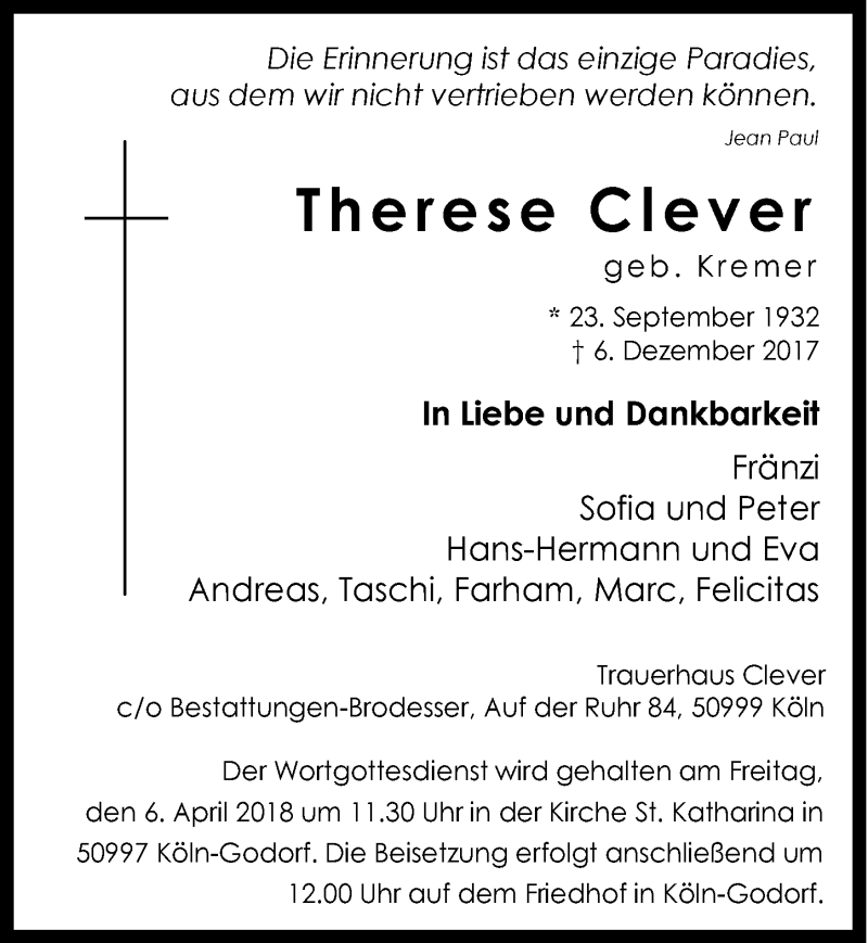  Traueranzeige für Therese Clever vom 28.03.2018 aus  Kölner Wochenspiegel 