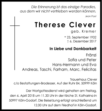 Anzeige von Therese Clever von  Kölner Wochenspiegel 