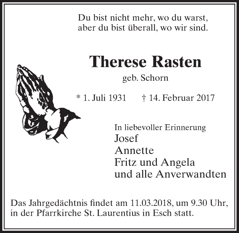  Traueranzeige für Therese Rasten vom 03.03.2018 aus  Sonntags-Post 