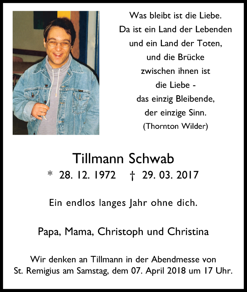  Traueranzeige für Tillmann Schwab vom 29.03.2018 aus Kölner Stadt-Anzeiger / Kölnische Rundschau / Express