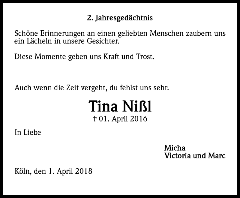  Traueranzeige für Tina Nißl vom 31.03.2018 aus Kölner Stadt-Anzeiger / Kölnische Rundschau / Express