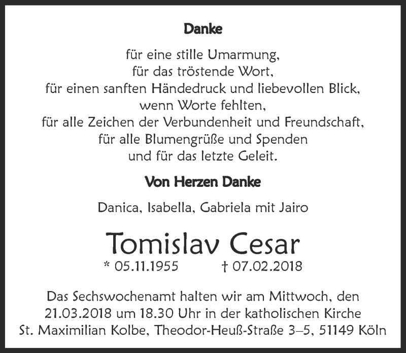  Traueranzeige für Tomislav Cesar vom 21.03.2018 aus  Kölner Wochenspiegel 