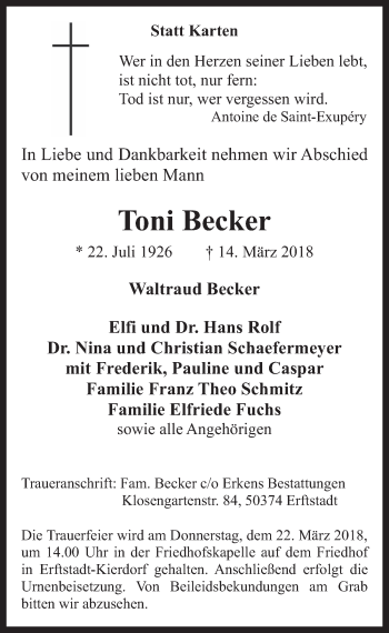 Anzeige von Toni Becker von  Werbepost 
