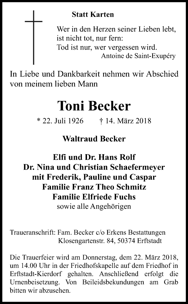  Traueranzeige für Toni Becker vom 21.03.2018 aus Kölner Stadt-Anzeiger / Kölnische Rundschau / Express