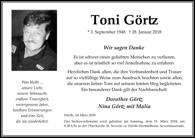  Traueranzeige für Toni Görtz vom 03.03.2018 aus Kölner Stadt-Anzeiger / Kölnische Rundschau / Express