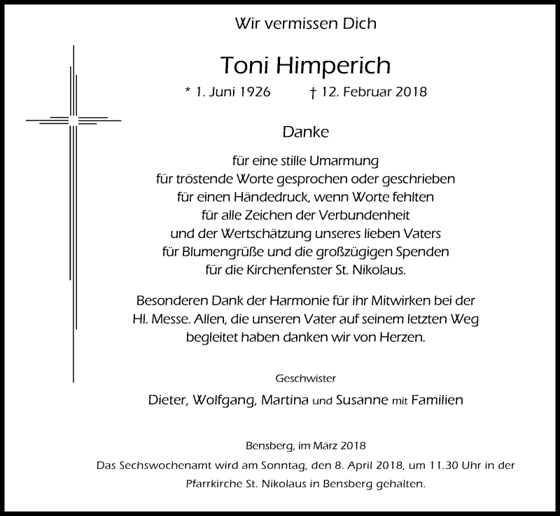  Traueranzeige für Toni Himperich vom 31.03.2018 aus Kölner Stadt-Anzeiger / Kölnische Rundschau / Express