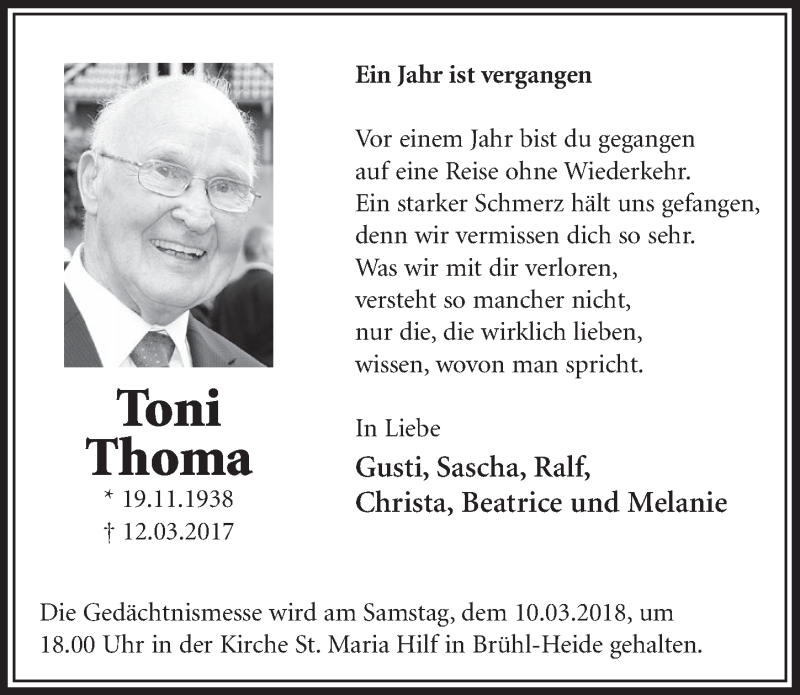  Traueranzeige für Toni Thoma vom 07.03.2018 aus  Schlossbote/Werbekurier 
