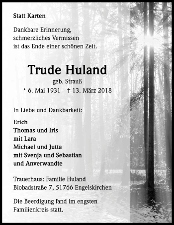 Anzeige von Trude Huland von Kölner Stadt-Anzeiger / Kölnische Rundschau / Express