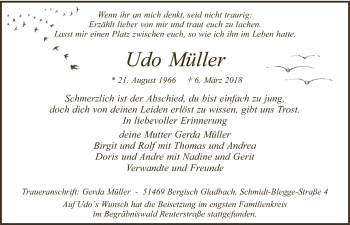 Anzeige von Udo Müller von  Bergisches Handelsblatt 