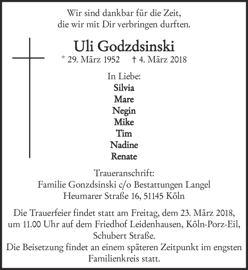  Traueranzeige für Uli Godzdsinski vom 21.03.2018 aus  Kölner Wochenspiegel 