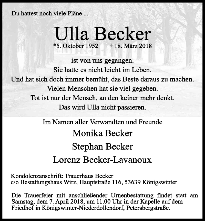  Traueranzeige für Ulla Becker vom 31.03.2018 aus Kölner Stadt-Anzeiger / Kölnische Rundschau / Express