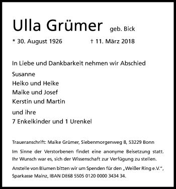Anzeige von Ulla Grümer von Kölner Stadt-Anzeiger / Kölnische Rundschau / Express