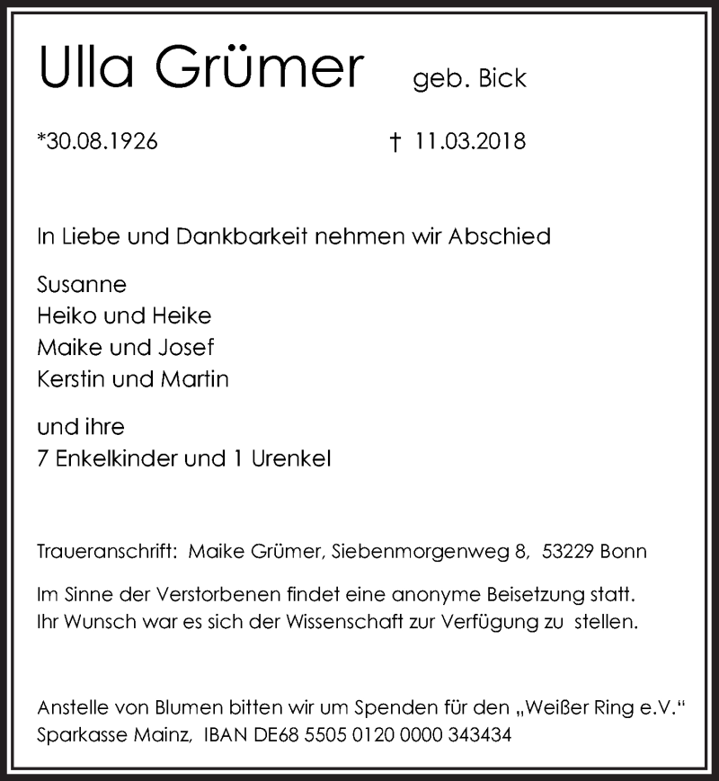  Traueranzeige für Ulla Grümer vom 21.03.2018 aus  Anzeigen Echo 