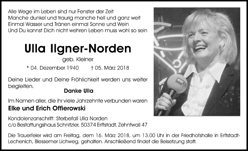  Traueranzeige für Ulla Ilgner-Norden vom 14.03.2018 aus Kölner Stadt-Anzeiger / Kölnische Rundschau / Express