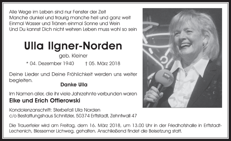  Traueranzeige für Ulla Ilgner-Norden vom 14.03.2018 aus  Werbepost 