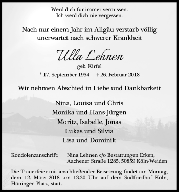 Anzeige von Ulla Lehnen von Kölner Stadt-Anzeiger / Kölnische Rundschau / Express