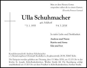 Anzeige von Ulla Schuhmacher von Kölner Stadt-Anzeiger / Kölnische Rundschau / Express