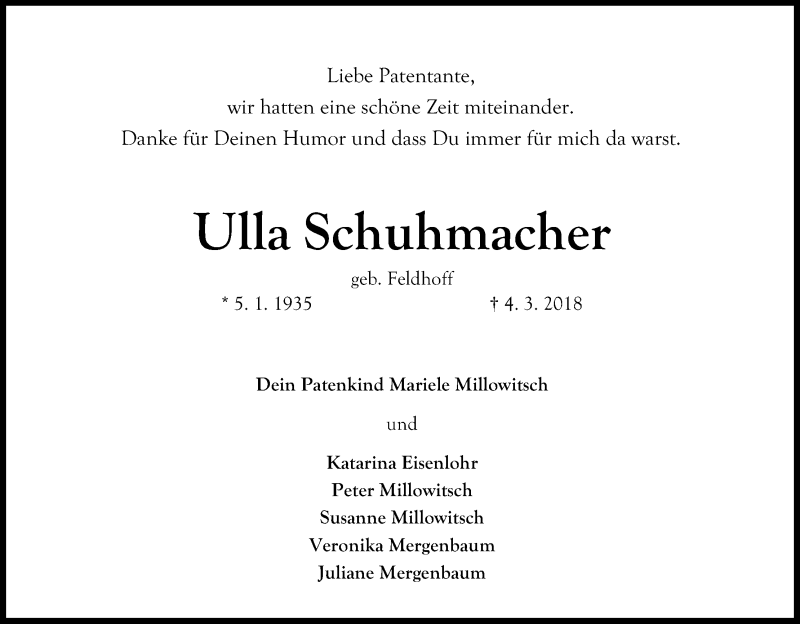  Traueranzeige für Ulla Schuhmacher vom 10.03.2018 aus Kölner Stadt-Anzeiger / Kölnische Rundschau / Express