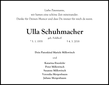 Anzeige von Ulla Schuhmacher von Kölner Stadt-Anzeiger / Kölnische Rundschau / Express