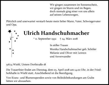 Anzeige von Ulrich Handschuhmacher von Kölner Stadt-Anzeiger / Kölnische Rundschau / Express