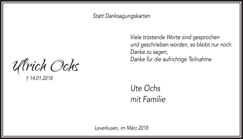  Traueranzeige für Ulrich Ochs vom 07.03.2018 aus  Lokale Informationen 